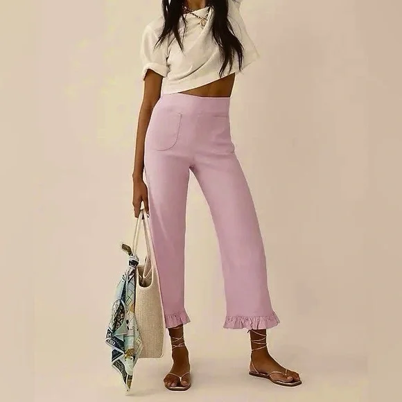 Anthropologie Maeve The Colette Magic Fabric Ruffle-Hem Crop Pants-Lilac Pink-29 - Picture 2 of 12